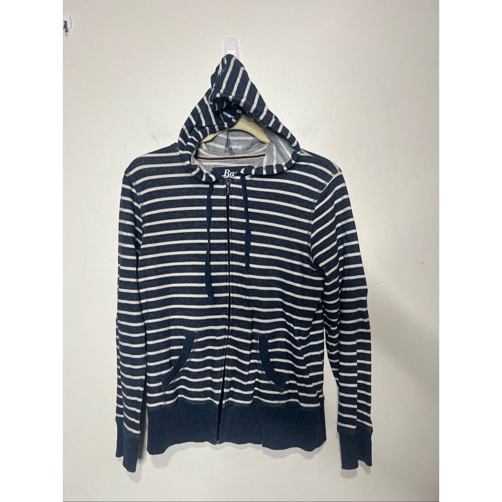 Bass Weekend Hooded Full Zip Sweatshirt Blue White Stripe Sz M Nautical Coastal